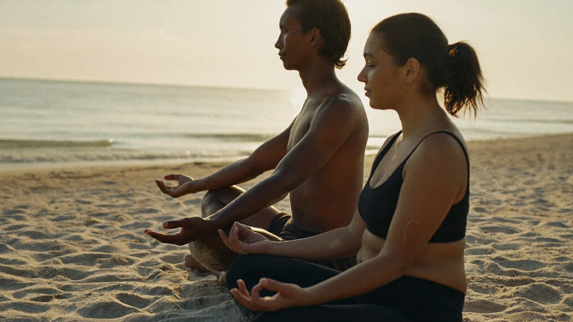 A couple in their forties doing a slow morning yoga flow together on a quiet beach at sunrise